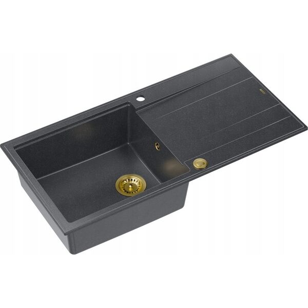 Zlewozmywak GraniteQ EVAN 146 XL GraniteQ zlewozmywak z syfonem Push 2 Open 1-komorowy z/o (1000x500x210| kom. 420x480) black diamond / elementy złote