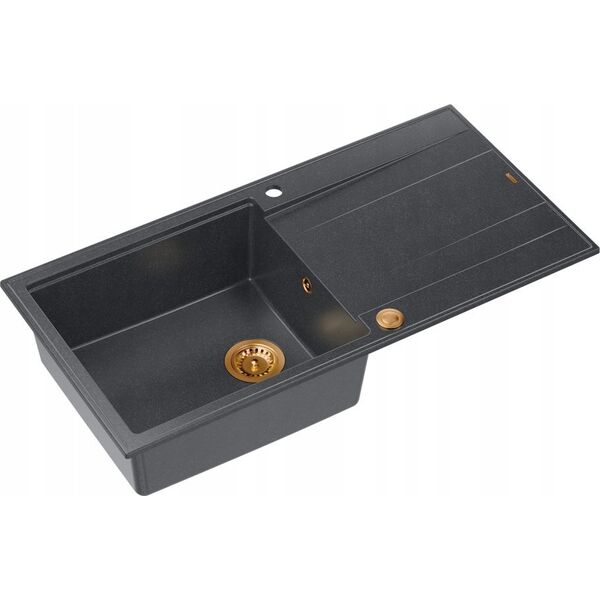 Zlewozmywak GraniteQ EVAN 146 XL GraniteQ zlewozmywak z syfonem Push 2 Open 1-komorowy z/o (1000x500x210| kom. 420x480) black diamond / elementy miedziane
