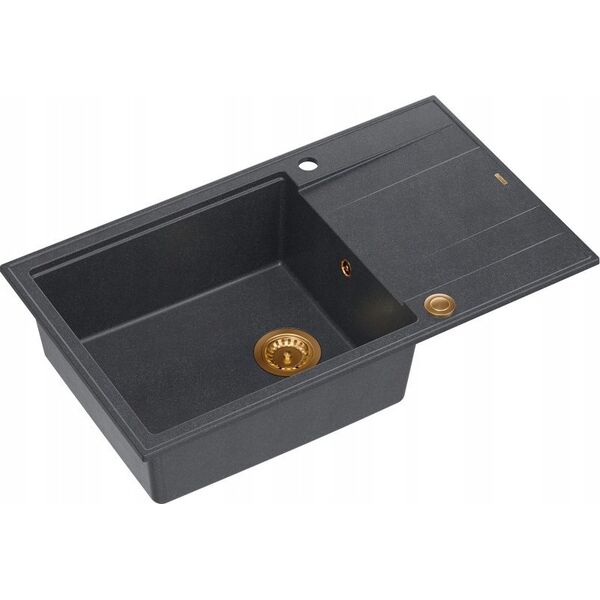 Zlewozmywak GraniteQ EVAN 136 XL GraniteQ zlewozmywak z syfonem Push To Open 1-komorowy z/o (860x500x210| kom. 420x490) black diamond / elementy miedziane
