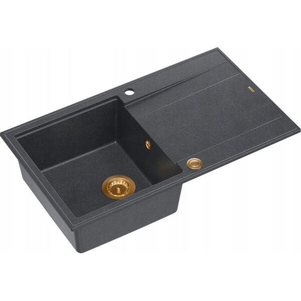 Zlewozmywak GraniteQ EVAN 111 GraniteQ zlewozmywak z syfonem i zaślepką 1-komorowy z/o (860x500x210) black diamond / elementy miedziane