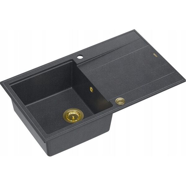 Zlewozmywak GraniteQ EVAN 111 GraniteQ zlewozmywak z syfonem Push 2 Open 1-komorowy z/o (860x500x210) black diamond / elementy złote