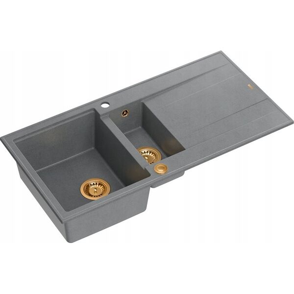 Zlewozmywak GraniteQ EVAN 156 GraniteQ zlewozmywak z syfonem Push To Open 1,5-komorowy z/o (1000x500x210| kom. 420x480) silver stone / elementy miedziane