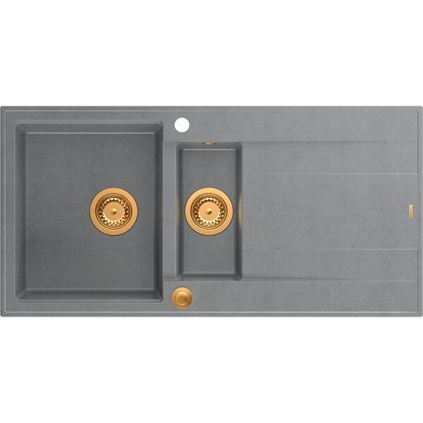 Zlewozmywak GraniteQ EVAN 156 GraniteQ zlewozmywak z syfonem Push To Open 1,5-komorowy z/o (1000x500x210| kom. 420x480) silver stone / elementy miedziane