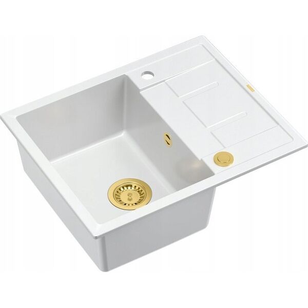 Zlewozmywak GraniteQ MORGAN 116 GraniteQ zlewozmywak snow white z syfonem Push To Open kol. złoty 1-komorowy z/o + zaczepy 4 szt