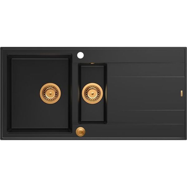 Zlewozmywak GraniteQ EVAN 156 GraniteQ zlewozmywak z syfonem Push To Open 1,5-komorowy z/o (1000x500x210| kom. 420x480) pure carbon / elementy miedziane