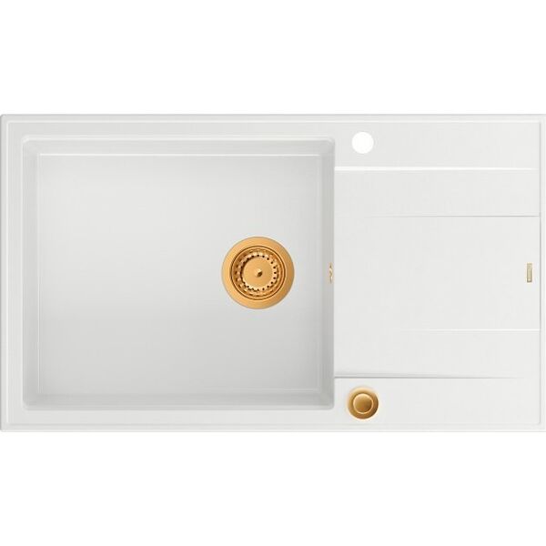 Zlewozmywak GraniteQ EVAN 136 XL GraniteQ zlewozmywak z syfonem Push to Open 1-komorowy z/o (860x500x210| kom. 420x490) snow white / elementy miedziane