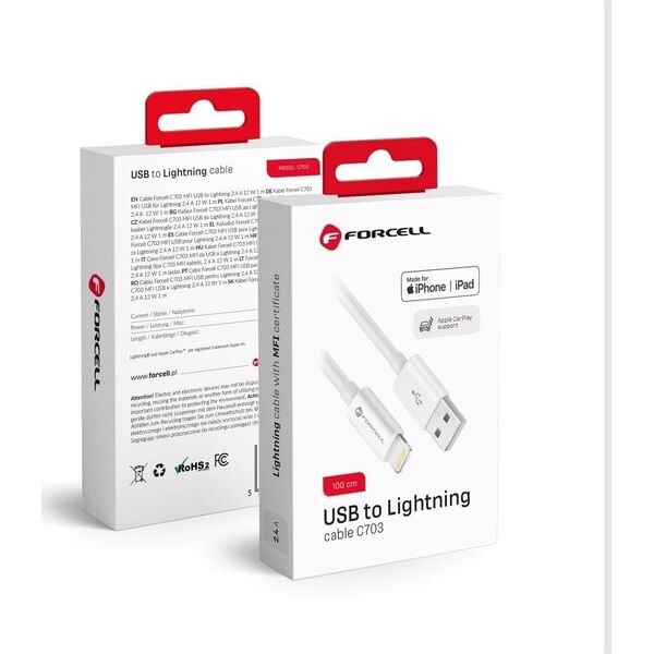 Kabel USB ForCell FORCELL F-ENERGY C703 kabel USB A do Lightning MFi 2,4A 12W 1 m biały
