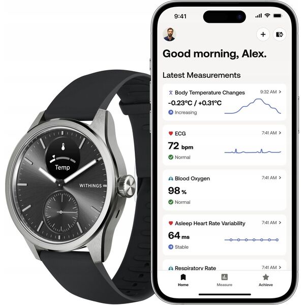 Smartwatch Withings Withings Scanwatch 2 - zegarek z funkcją EKG, pomiarem pulsu i SPO2 oraz mierzeniem aktywności fizycznej i snu (42mm, black)