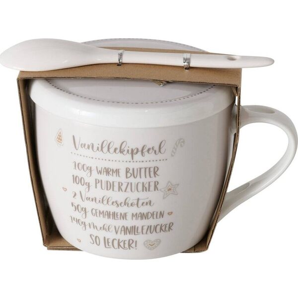 Porcelanowy kubek z pokrywką i łyżeczką, BAKERY, 600 ml