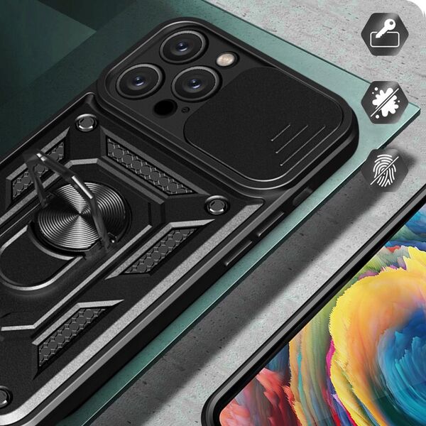 Etui Hybrid Armor Camshield na iPhone 16 Pro pancerne z osłoną na aparat z podstawką - czarne