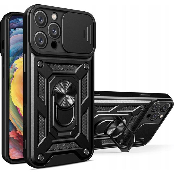 Etui Hybrid Armor Camshield na iPhone 16 Pro Max pancerne z osłoną na aparat z podstawką - czarne