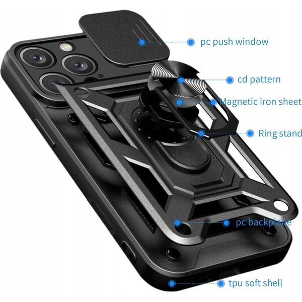 Etui Hybrid Armor Camshield na iPhone 16 Pro Max pancerne z osłoną na aparat z podstawką - czarne