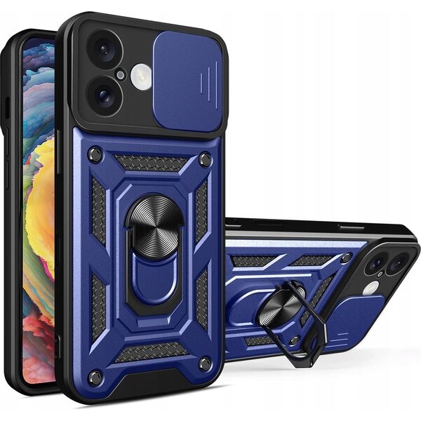 Etui Hybrid Armor Camshield na iPhone 16 Plus pancerne z osłoną na aparat z podstawką - niebieskie