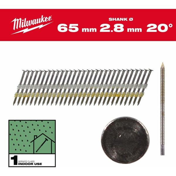 Milwaukee MILWAUKEE GWOŹDZIE 20° PIERŚCIENIOWE OKRĄGŁY ŁEB JASNY 65mm /2000szt. - M18 FFN21