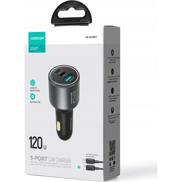 Ładowarka Joyroom Ładowarka samochodowa Joyroom JR-CCN07 120W 2xUSB-C USB-A + kabel USB-C 100W - ciemnoszara