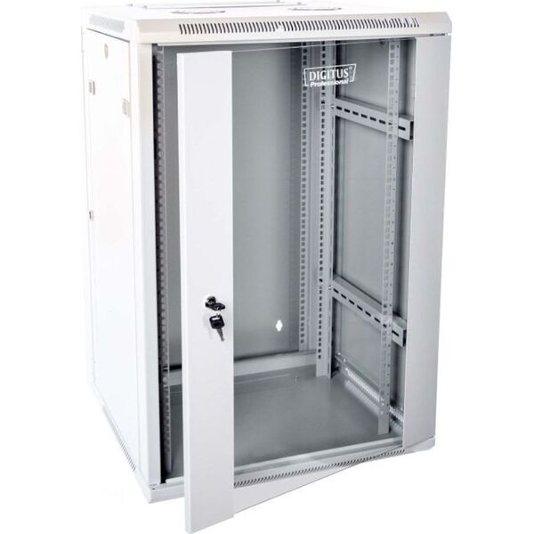 Digitus Szafa sieciowa wisząca 19" 18U rack 600x600, drzwi szyba, szary, dzielona, złożona, 60kg