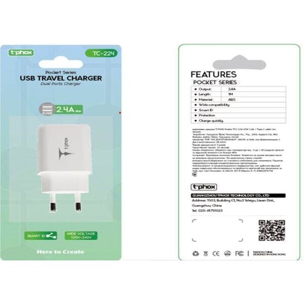 Ładowarka T-Phox ŁAD SIEC T-PHOX POCKET SERIES 2xUSB TCC-224 12W 2.4A WHITE