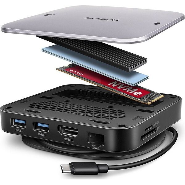 USB HUB Axagon AXAGON HMC-UFO, Διανομέας USB 10Gbps, 2x USB-A, USB-C, HDMI 4k/60, RJ-45, υποδοχή M.2, SD/mSD, ήχος, PD 100W, καλώδιο USB-C 65cm 14209970 8595247908438