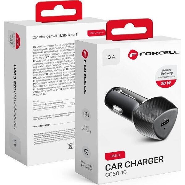 Ładowarka ForCell FORCELL CARBON ładowarka samochodowa Typ C 3.0 PD20W CC50-1C czarny (Total 20W)