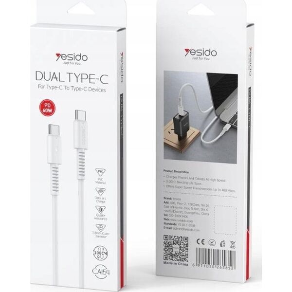 Kabel USB Yesido yesido Kabel CA154 PD 60W Type-C/Type-C 1m PVC 3A, WHITE / BIAŁY