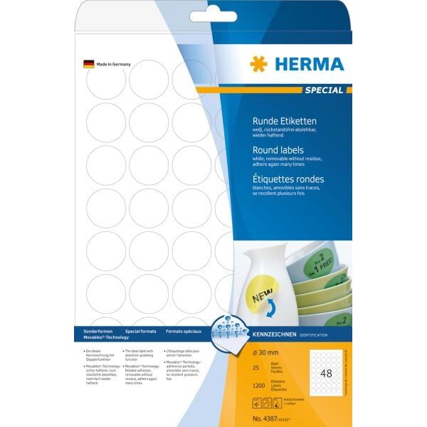 Herma Etykiety odklejalne Movables A4, okrągłe, białe, papier matowy, 1200 szt. (4387)