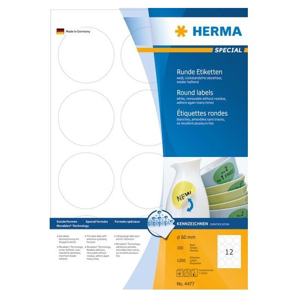 Herma Etykiety odklejalne Movables A4, okrągłe, białe, papier matowy, 1200 szt (4477)
