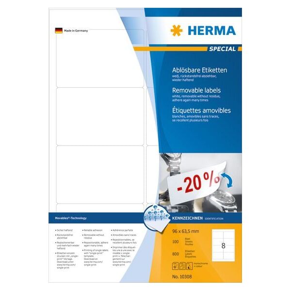 Herma Etykiety odklejalne Movables A4, białe, papier matowy, 800 szt., zaokrąglone narożniki (10308)