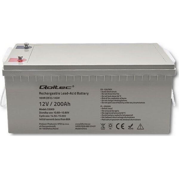 Qoltec Akumulator AGM | 12V | 200Ah | max. 3000A