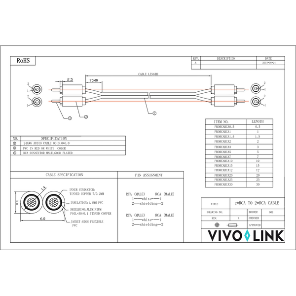 Kabel VivoLink RCA (Cinch) x2 - RCA (Cinch) x2 7m czarny (PRORCARCA7)