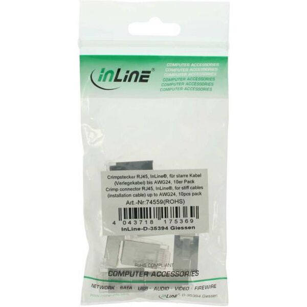 InLine Wtyczka RJ45 do sztywnych kabli instalacyjnyc, górny, AWG24, 10 szt (74559)