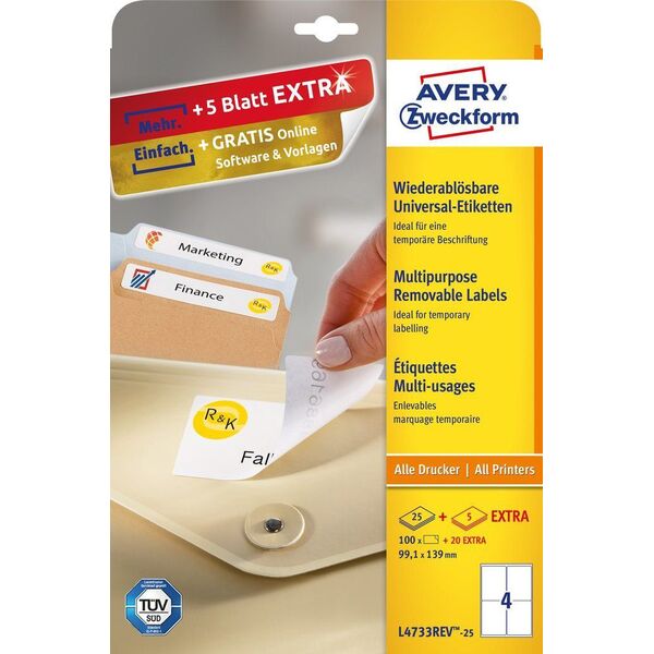 Avery Zweckform usuwalne etykiety uniwersalne 99,1 x 139 mm (L4733REV-25)