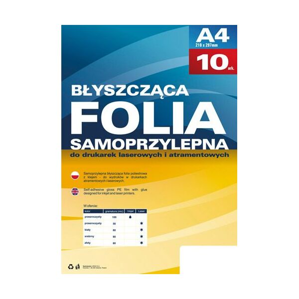 Argo Błyszcząca folia poliestrowa z klejem A4, 10 sztuk (434020)