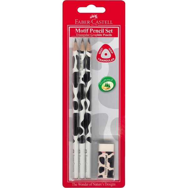 Faber-Castell Ołówki trójkątne motyw krowa 3szt. + gumka blister (118390 FC)