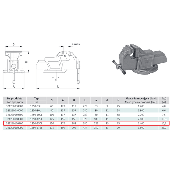 Bison-Bial Imadło ślusarskie typ 1250-150L stałe (321250170700)