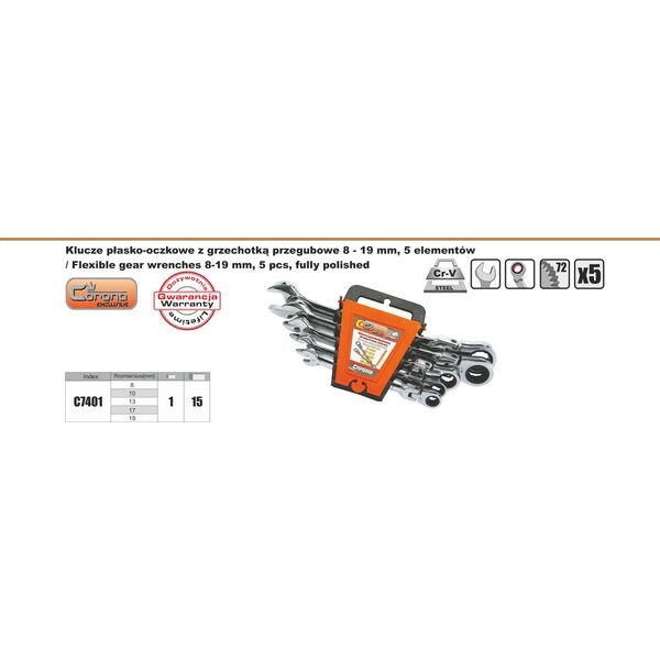 Corona Zestaw kluczy płasko-oczkowych z grzechotką i przegubem 8-19mm 5szt. (C7401)