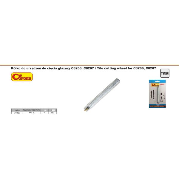 Corona Kółko tnące tytanowe z trzpieniem 8 x 1,5mm (C8229) do maszyn do cięcia glazury C8206 i C8207