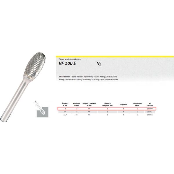 Klingspor KLINGSPOR FREZ Z WĘGLIKA SPIEKANEGO HF 100 E 8 x 15mm TREZPIEŃ 6mm K295909 - 295909