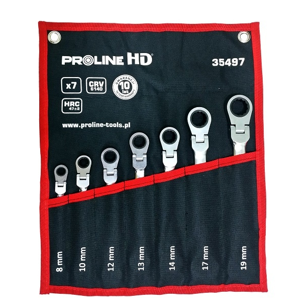 Pro-Line Zestaw kluczy płasko-oczkowych z grzechotką i przegubem 8-19mm 7szt. (35487)