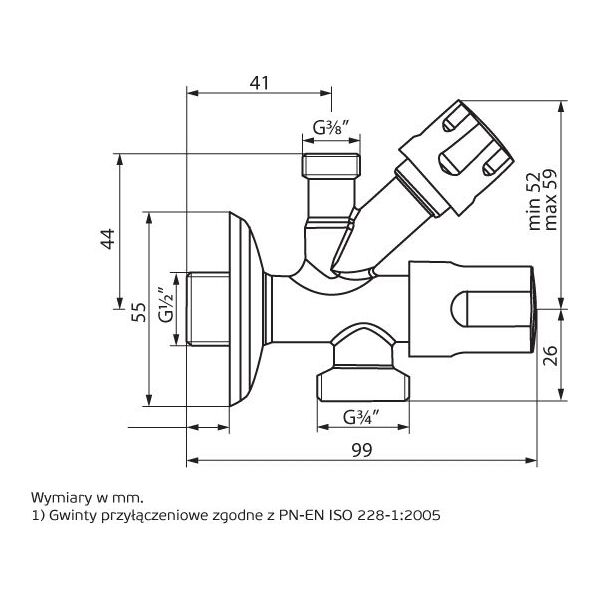 Perfexim Zawór kątowy kombinowany 1/2"x3/8"x3/4"  (02-050-1520-000)