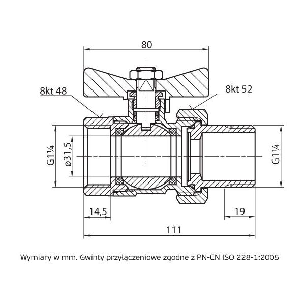 Perfexim Zawór kulowy wodny WZ DN32 ze śrubunkiem motylek wzmocniony PHA-005/SM G1 1/4 WZ PN30 DN32 (00-005-0320-000)