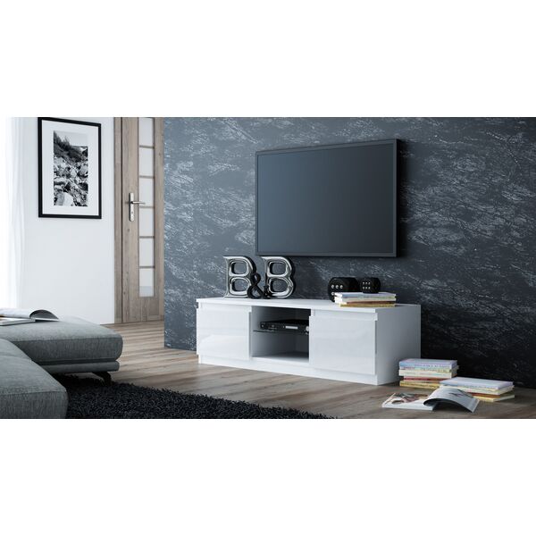 Topeshop Stolik szafka rtv 140cm biały lakier połysk szyba