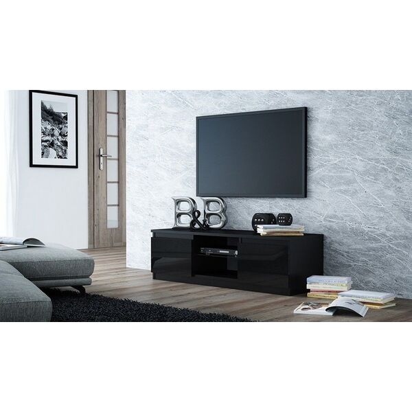 Topeshop Stolik szafka rtv 120cm czarny lakier połysk szyba