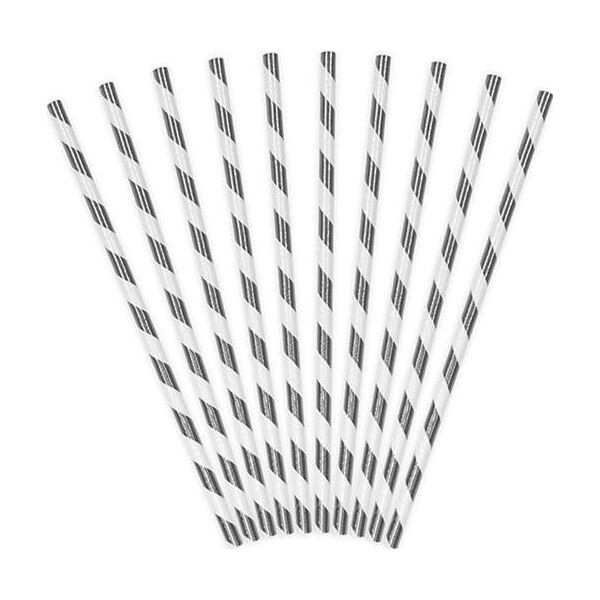 Party Deco Słomki papierowe do picia w paski, srebrne, 19,5cm, 10 szt. uniwersalny