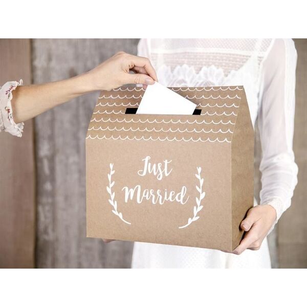 Party Deco Ozdobne pudełko na koperty, Just Married, kraft, 30x30,5x16,5 cm uniwersalny