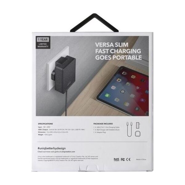 Ładowarka Uniq Versa Slim 1x USB-C 3 A (UNIQ136BLK)