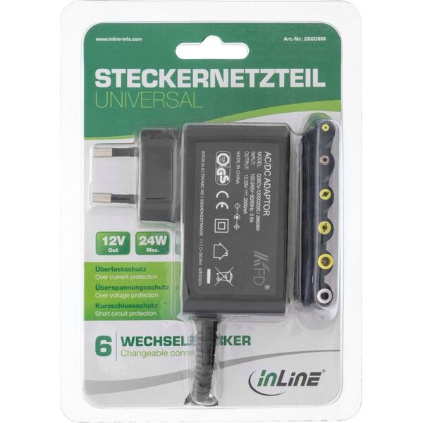 InLine Uniwersalny zasilacz do laptopa - InLine 12V / 24W z 6 wymiennymi wtyczkami