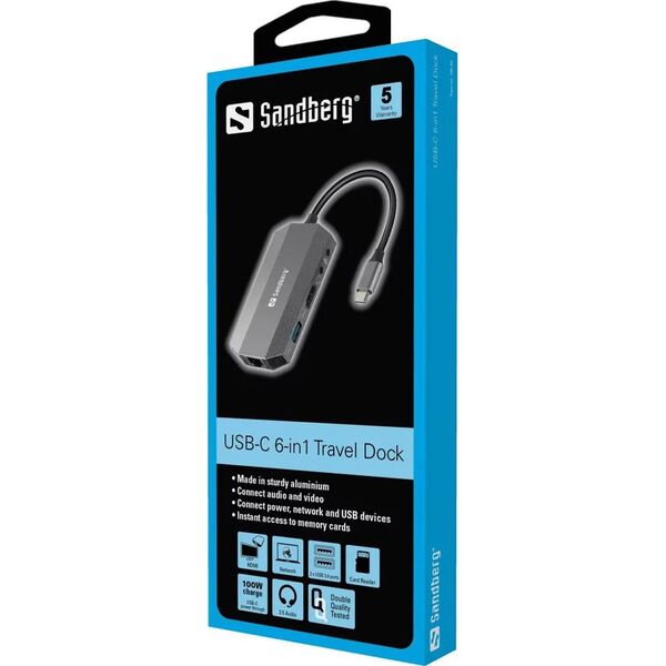 Stacja/replikator Sandberg 6w1 Travel Dock USB-C (136-33)