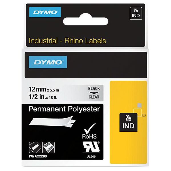 Dymo Taśma DYMO RHINO poliestrowa trwała 12 mm czarny na przezroczystym, 622289