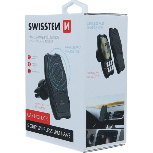 Swissten Uchwyt Samochodowy z ładowaniem indukcyjnym / bezprzewodowym magnetyczny do kratki wentylacyjnej / nawiewu Swissten TYP WM1-AV3 czarny