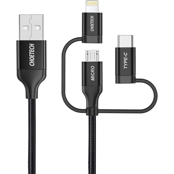 Kabel USB Choetech USB-A - USB-C + microUSB + Lightning 1.2 m Czarny (IP0030 BLACK)